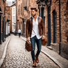 Man in stylish outfit with vintage leather bags walks down a cobblestone street, showcasing timeless fashion in a classic urban setting.