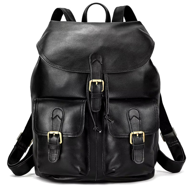 The Vintage Leather Backpack, crafted from premium cowhide leather, comes with adjustable straps and is secured by a flap closure featuring a buckle and drawstring. This fashionable travel accessory also includes two front pockets with buckle closures and gold-tone hardware accents.