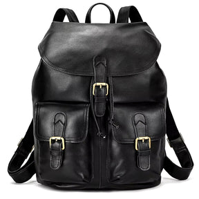 The Vintage Leather Backpack, crafted from premium cowhide leather, comes with adjustable straps and is secured by a flap closure featuring a buckle and drawstring. This fashionable travel accessory also includes two front pockets with buckle closures and gold-tone hardware accents.
