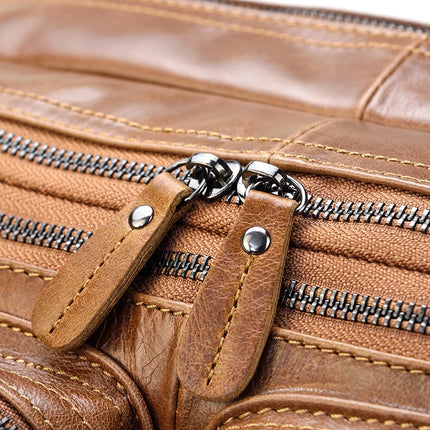 Close-up of the elegant Leather Travel Backpack Shoulder Bag made from genuine cowhide leather, showcasing two parallel zippers with metal teeth and leather pull tabs. The detailed stitching enhances the texture and craftsmanship of this luxury accessory, adding to its overall stylish appearance.