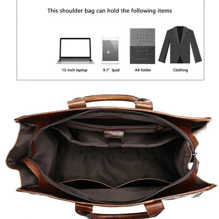 Open the Unisex Genuine Leather Travel Duffle Bag to reveal its beautifully handcrafted leather, multiple compartments, and an interior layout designed to fit a 15-inch laptop, 9.7-inch iPad, A4 folder, and clothing. The main compartment, zippered sections, and pockets are all clearly shown in a diagram above.