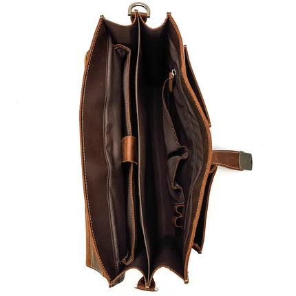 The Leather 16" Business Briefcase is displayed open, showcasing its multiple compartments and pockets inside. Crafted from genuine cowhide leather, this brown briefcase features a strap closure and a handle, as well as an adjustable strap. Its design emphasizes organization and functionality for carrying documents and other essentials.