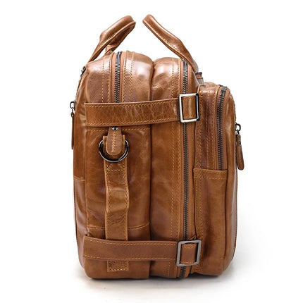 The Leather Travel Backpack Shoulder Bag, crafted from genuine cowhide leather, offers two main zippered compartments and a smaller front zippered pocket. It features an adjustable shoulder strap with a metal loop and buckle, along with a top handle for convenient carrying. This luxury accessory perfectly blends functionality with style.