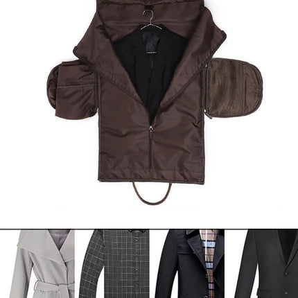 A Weekender 22 Leather Travel Duffle Bag, crafted from genuine brown cowhide leather, reveals a black suit jacket inside. The bag features multiple compartments, including shoe compartments on each side, and comes with a coat hanger holding the jacket. Below the bag are images showcasing five different stylish coats in various styles and colors.