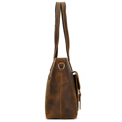 Side view of the Genuine Leather Women's Tote Bag – Large Capacity Business Handbag, showcasing its vintage style with a textured surface and two handles. The bag includes a metal ring attachment, a spacious interior, and a small external pocket with buckle closure, all set against a plain white background.
