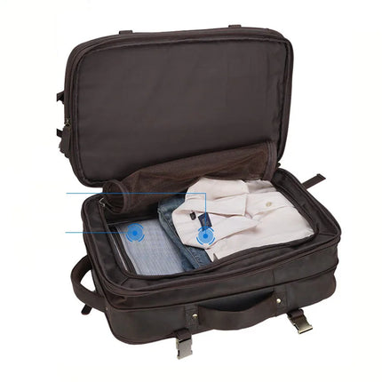 A vintage-style black travel backpack with neatly organized clothes inside, including a blue and a white shirt. A mesh pocket is visible on the inside of the lid. Crafted with genuine leather accents, it features sturdy handles and a zipper closure.