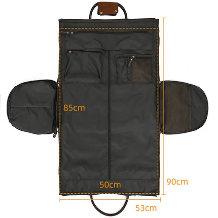 The Luggage 22 Leather Travel Duffle Bag is fully opened, showcasing its storage compartments. It includes various pockets and sleeves secured with durable alloy hardware. The dimensions are clearly marked: 85cm in height, 50cm in width, and a total length of 90cm when fully extended, with a compartment width of 53cm.