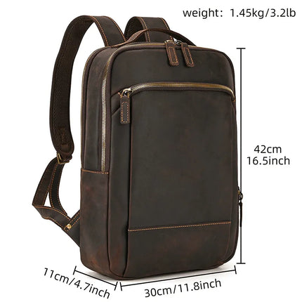 The Vintage Leather Daypack is a unisex backpack crafted from genuine cowhide leather, featuring a front zip pocket and padded shoulder straps. It measures 42 cm (16.5 inches) in height, 30 cm (11.8 inches) in width, and 11 cm (4.7 inches) in depth, with a weight of 1.45 kg (3.2 lb).