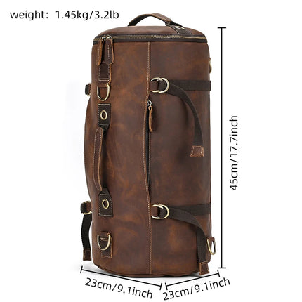 The Vintage Leather Travel Backpack, crafted from genuine brown cowhide leather and featuring multiple straps and metal buckles, stands upright. Perfect for the stylish traveler, it measures 45 cm (17.7 inches) in height and 23 cm (9.1 inches) in width, weighing just 1.45 kg (3.2 lb).