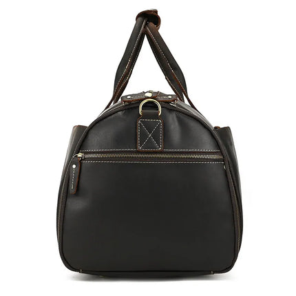 The Luggage 22 Leather Travel Duffle Bag is crafted from genuine leather and features brown stitching and accents. It comes with double handles, a front zippered pocket, durable alloy hardware, and a metal ring near the top handle for additional attachments. Its structured, rounded shape is enhanced by the convenience of a removable strap.